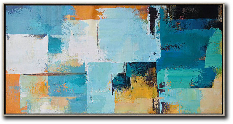 Original Extra Large Wall Art,Horizontal Palette Knife Contemporary Art Panoramic Canvas Painting,Original Art Acrylic Painting White,Blue,Yellow,Orange